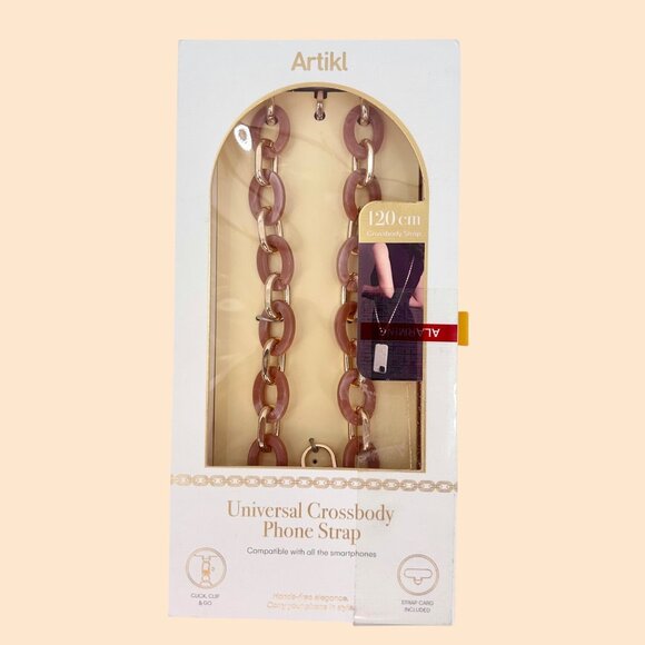 NIB ARTIKL UNIVERSAL CROSSBODY PHONE STRAP 120CM PINKISH BEIGE ACRYLIC & GOLD CH - Picture 1 of 3